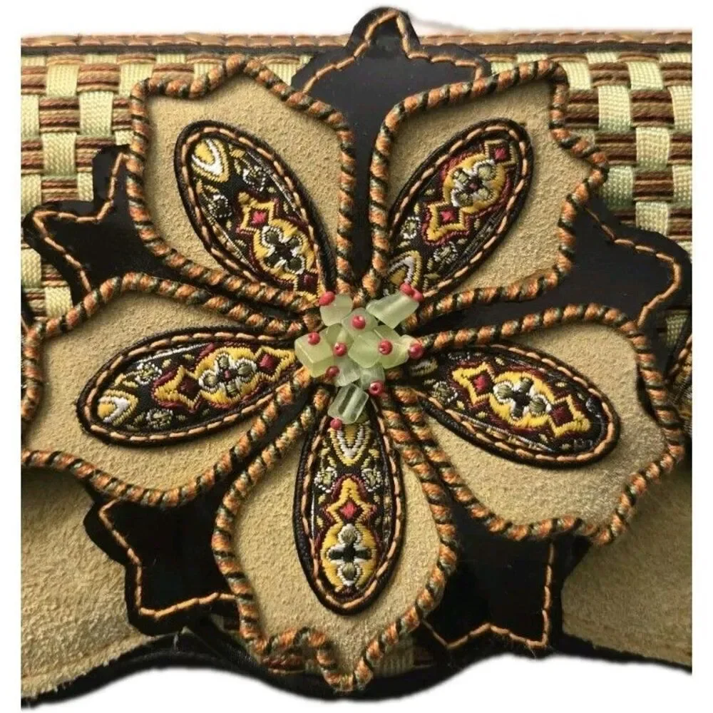 Vintage Mary Frances Suede  Bag Clutch Chartreuse Brown Floral Beaded Checkered